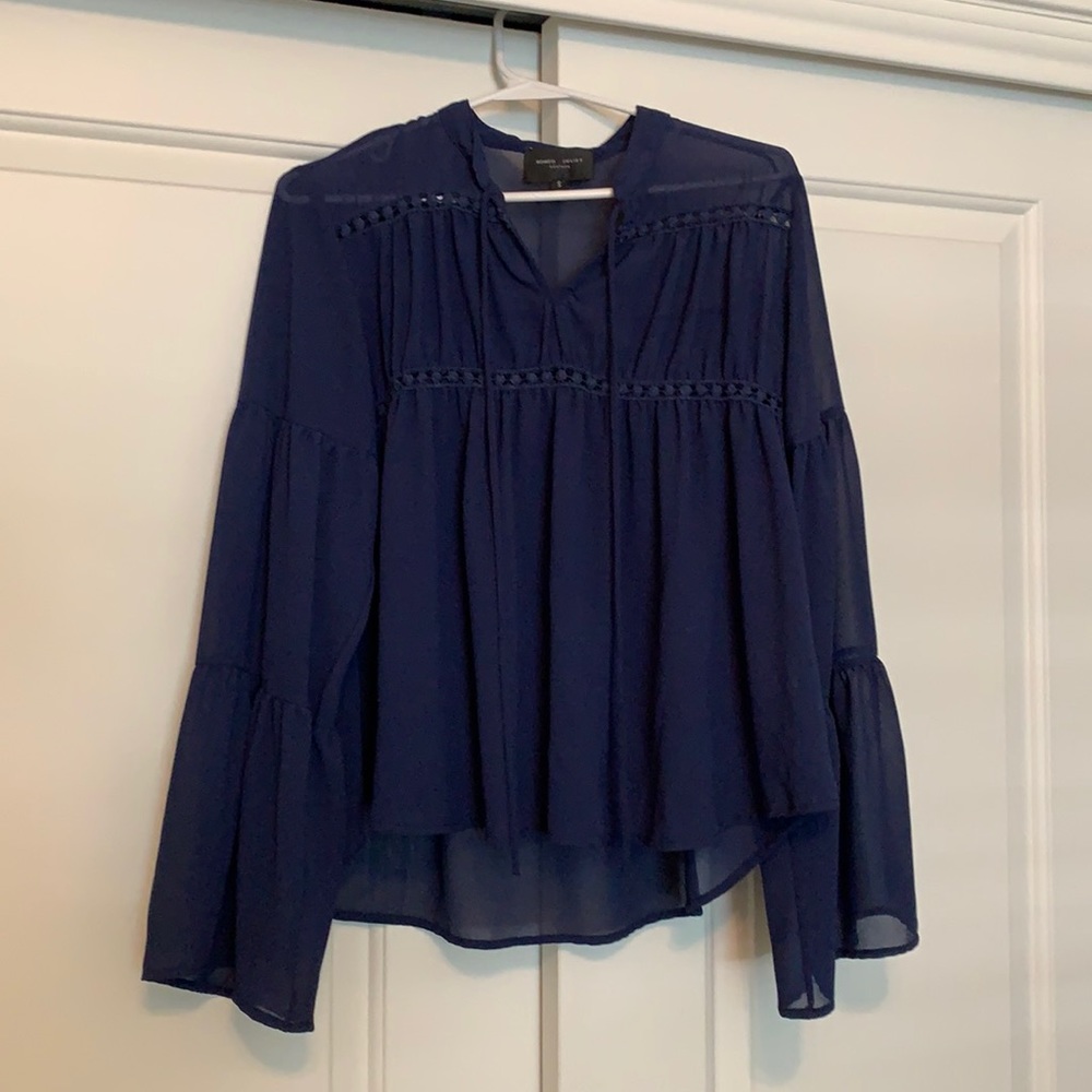ROMEO AND JULIET COUTURE Navy Blue Sheer Blouse; Size S; Rarely Worn